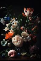 Beautiful bunch of colorful flowers on black background in vintage style. Festive flowers concept with copy space. .Created with photo