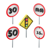 3d renderen verbieden de passage van voertuigen met een hoogte van meer dan 3.5 meter, maximaal snelheid begrenzing 50, maximaal snelheid begrenzing 30, verkeer licht regulatie, Nee inhalen weg teken icoon set. png