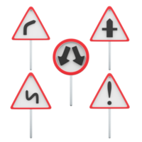 3d rendering dangerous right turn, intersection with secondary road, other hazard, dangerous turns, go around the obstacle on the left or right road sign icon set. 3d render road sign concept icon set png