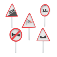 3d representación prohibir el paso de vehículos con un altura de más que 3,5 metros, agujero en el camino, lado viento, sonido señal es prohibido la carretera firmar icono colocar. 3d hacer la carretera firmar concepto icono conjunto png