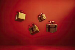 3d dorado regalo cajas en el rojo antecedentes. generativo ai. foto