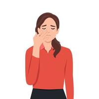 Young woman sad and holding back tears with her hand. vector