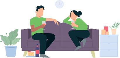 Couple drinking wine on couch. vector