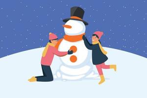 un chico y un niña son haciendo un muñeco de nieve. vector