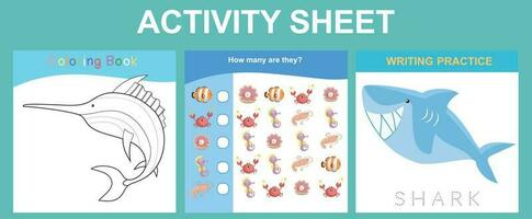 Activity sheet for children. Educational printable worksheet. Sea animal worksheet theme. Motor skills education. Vector illustrations.