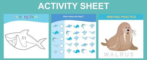 Activity sheet for children. Educational printable worksheet. Sea animal worksheet theme. Motor skills education. Vector illustrations.