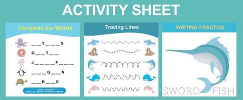 Activity sheet for children. Educational printable worksheet. Sea animal worksheet theme. Motor skills education. Vector illustrations.