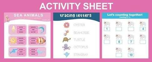 Activity sheet for children. Educational printable worksheet. Sea animal worksheet theme. Motor skills education. Vector illustrations.