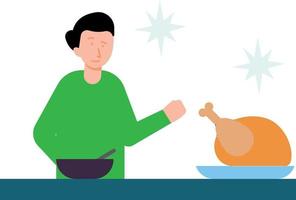 The boy is cooking Thanksgiving chicken. vector