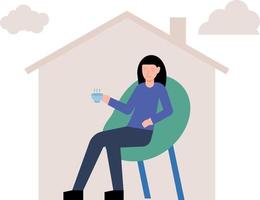 A girl is sitting on a chair with a cup of tea. vector