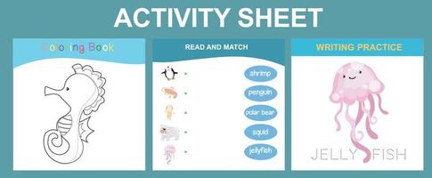 Activity sheet for children. Educational printable worksheet. Sea animal worksheet theme. Motor skills education. Vector illustrations.