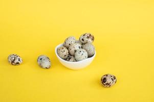 Quail eggs lie in a small white shackle and on a yellow background, Space for copy and text, photo