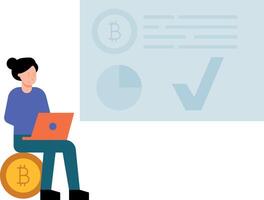 The girl is working on bitcoin. vector