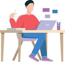 The boy is drinking tea at the working table. vector