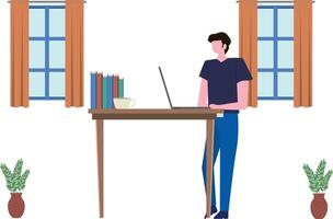 The boy is standing next to the laptop table. vector