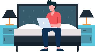 Boy sitting on bed working on laptop. vector