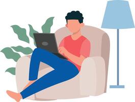 Boy sitting on sofa working on laptop. vector