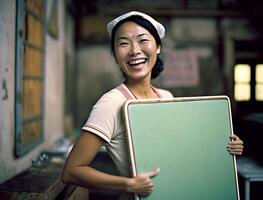 ilustración de asiático mujer participación un de madera tablón, generativo ai foto