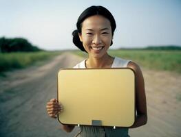 illustration of asian woman holding a wooden plank, photo