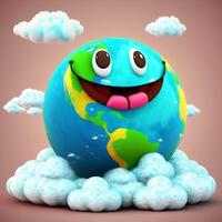 3d funny cartoon planet earth surrounded by clouds, photo