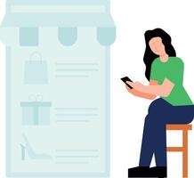 Girl looking at shopping list on mobile. vector