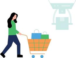 The girl is carrying a shopping trolley. vector
