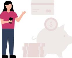 Girl saving money in piggy bank. vector