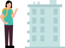 The student is standing outside the school building. vector