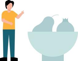 A boy stands by a bowl of fruit. vector