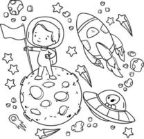 Cute and funny coloring page of an astronaut, rocket, satellite, planet, meteor, aliens, cosmic set. Provides hours of coloring fun for children. To color this page is very easy. vector