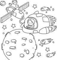 Cute and funny coloring page of an astronaut, rocket, satellite, planet, meteor, aliens, cosmic set. Provides hours of coloring fun for children. To color this page is very easy. vector