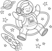 Cute and funny coloring page of an astronaut, rocket, satellite, planet, meteor, aliens, cosmic set. Provides hours of coloring fun for children. To color this page is very easy. vector