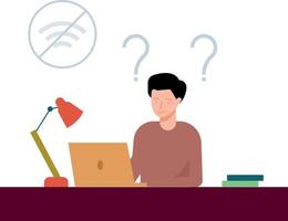 Boy sitting on laptop with no wifi. vector