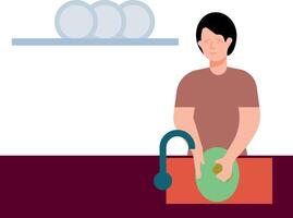 The girl is washing the dishes. vector