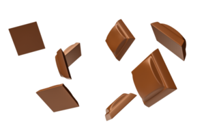 close up of chocolate pieces stack falling Many Chocolate cubes falling with one closer in the center. 3d rendering 3d illustration png