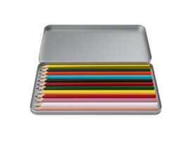 rangée de crayons aux couleurs de l'arc-en-ciel dans une boîte en aluminium ouverte crayons colorés isolés pour le concept de dessin retour à l'école illustration 3d png