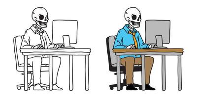 Vector illustration of an amployee skeleton working in front of computer. Suitable for coloring page, coloring book, poster, sticker, etc