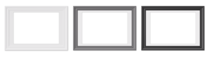 Set of horizontal picture frames on transparent background, as png. White, gray and black frames with passepartout. Template, mock up for your picture, poster, artwork presentation. 3d render. png