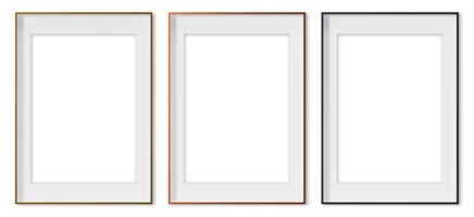Set of vertical picture frames on transparent background, as png. Golden, copper and black frames with passepartout. Template, mock up for your picture, poster, artwork presentation. 3d render. png