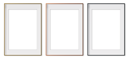 Set of vertical picture frames on transparent background, as png. Golden, copper and black frames with passepartout. Template, mock up for your picture, poster, artwork presentation. 3d render. png