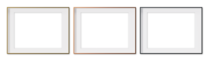 Set of horizontal picture frames on transparent background, as png. Golden, copper and black frames with passepartout. Template, mock up for your picture, poster, artwork presentation. 3d render. png