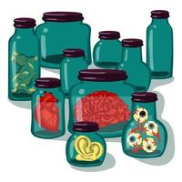 A collection of organs and specimens stored in glass jars. The jars contain human ears, eyes, brains, hearts, and zombie fingers. Empty containers for parts. Witches. Illustration for Halloween. vector