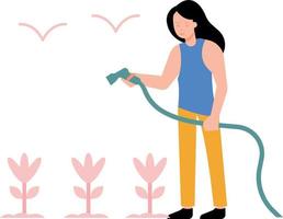 The girl is watering the plants with a pipe. vector