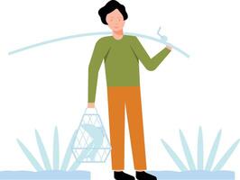 Boy holding fishing rod and net. vector