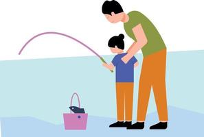 A father teaches his daughter to fish. vector