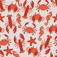 Seamless marine pattern with lobster, starfish, seahorse and crab. Ocean life and sea creatures design vector