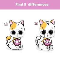 Find the differences educational children game. Kids activity sheet with cat donut. vector