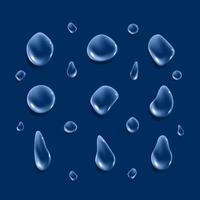 Set of Drops. Liquid clear droplet. Dew on glass surface. vector illustration on blue background