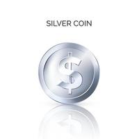 Silver Coin Front View. Glossy metallic money. Business symbol of money. One silver coin. Vector