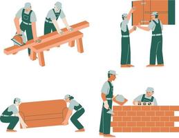 Vector illustration of a set of workers building a brick wall. Flat style.